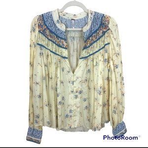 FREE PEOPLE Cream Baby Blue Peasant Prairie Blouse Size XS